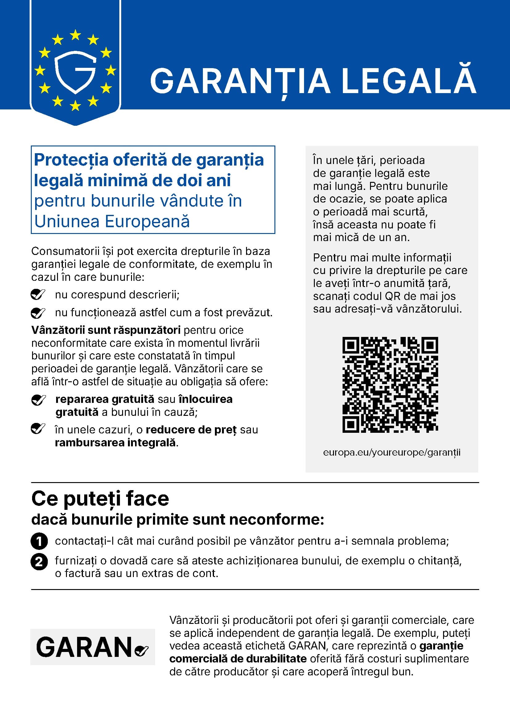 Notificarea armonizată UE privind garanția legală de conformitate, în limba română